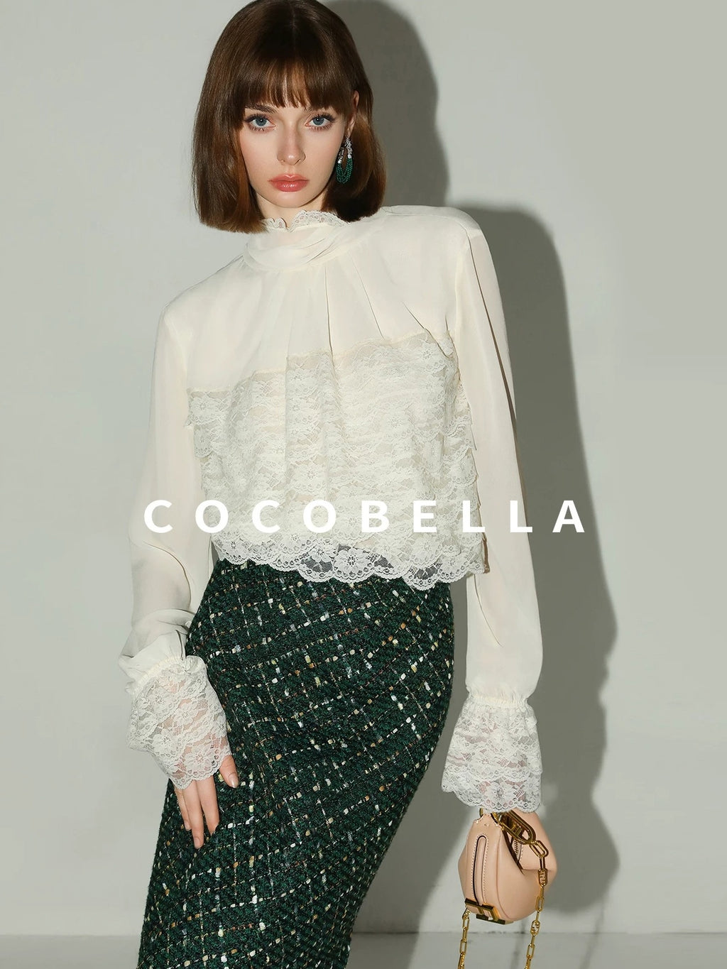 COCOBELLA Lace Patchwork Pleated Commuter Straight Fit Stand Collar Womens Blouse Shirts