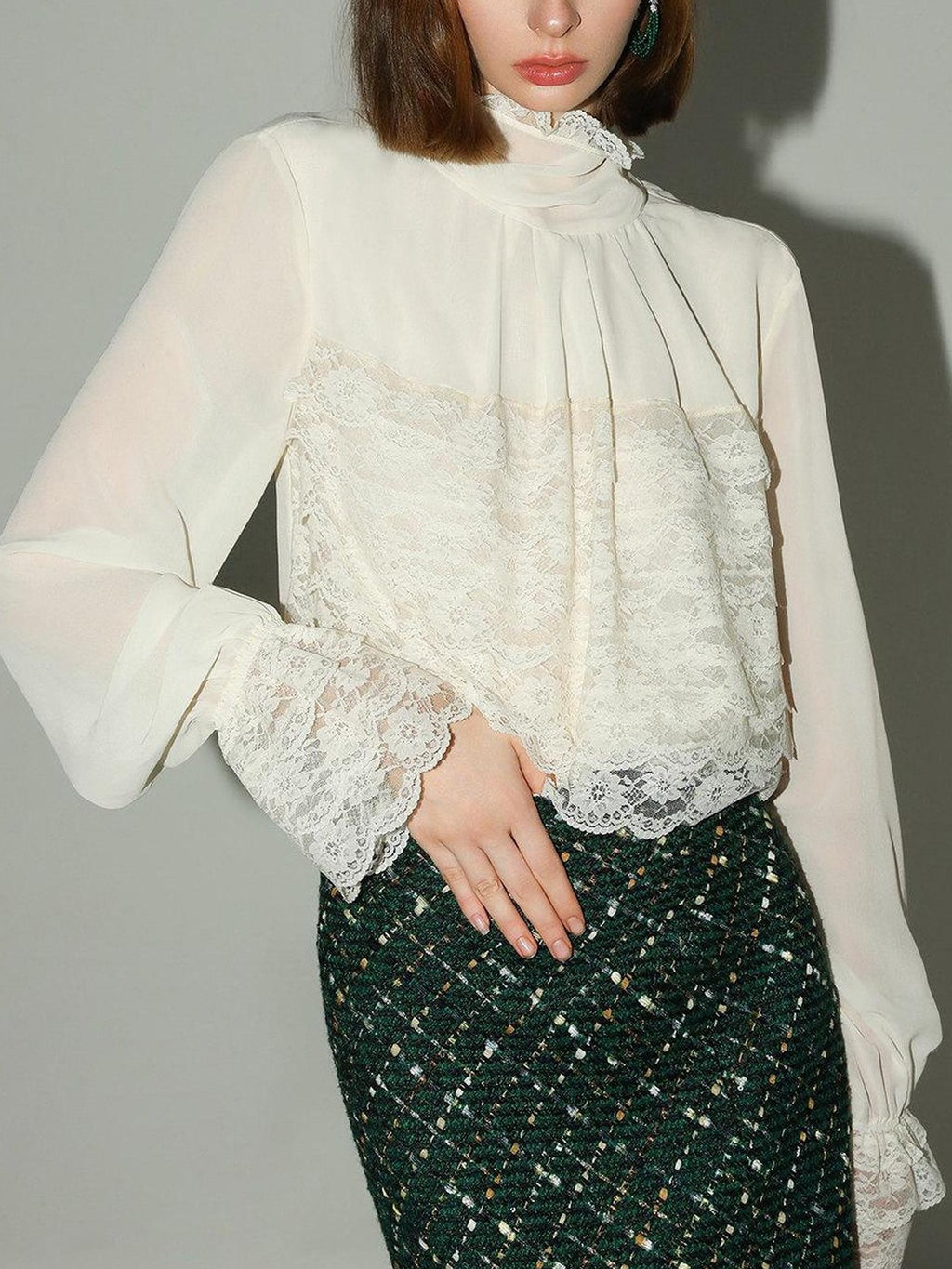 COCOBELLA Lace Patchwork Pleated Commuter Straight Fit Stand Collar Womens Blouse Shirts