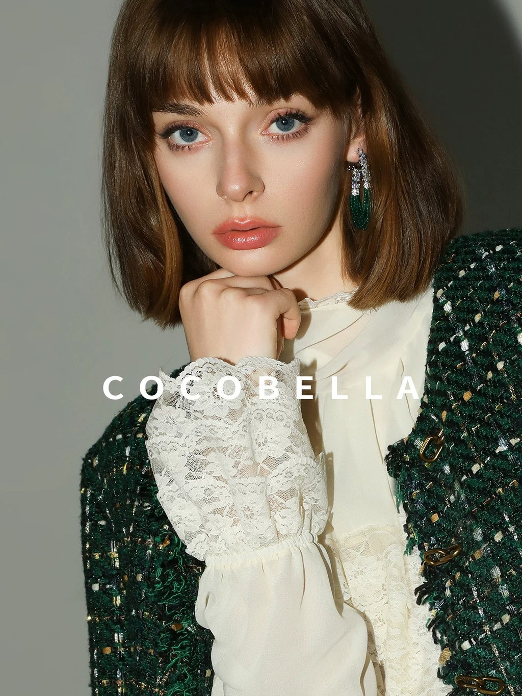 COCOBELLA Lace Patchwork Pleated Commuter Straight Fit Stand Collar Womens Blouse Shirts