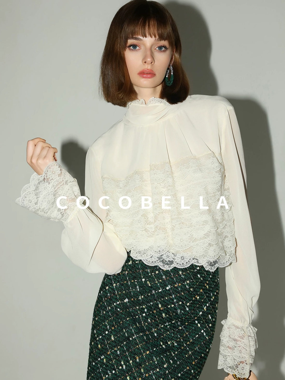 COCOBELLA Lace Patchwork Pleated Commuter Straight Fit Stand Collar Womens Blouse Shirts