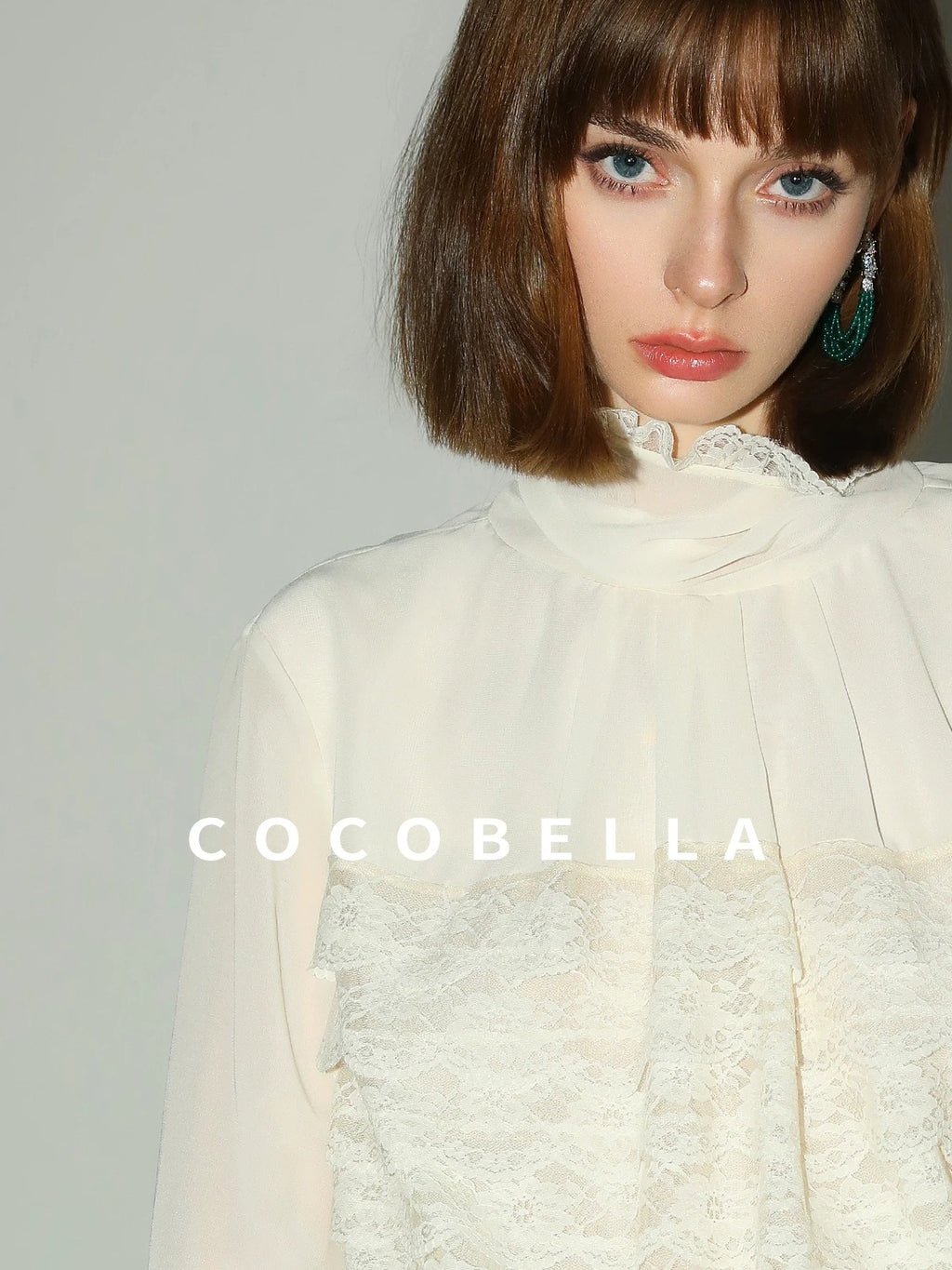 COCOBELLA Lace Patchwork Pleated Commuter Straight Fit Stand Collar Womens Blouse Shirts