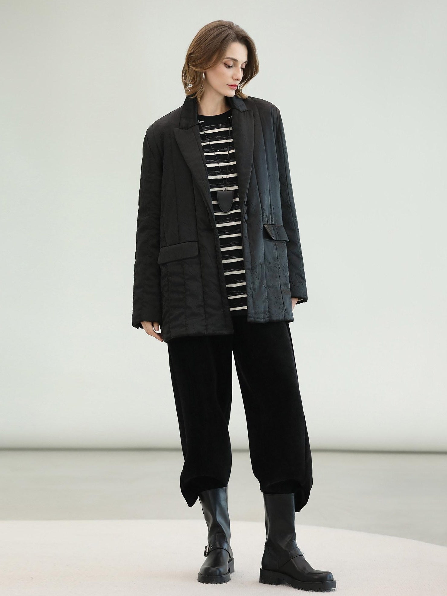 COCOBELLA Lightweight Mid Length Straight Office Commuter Women Black Padded Jackets