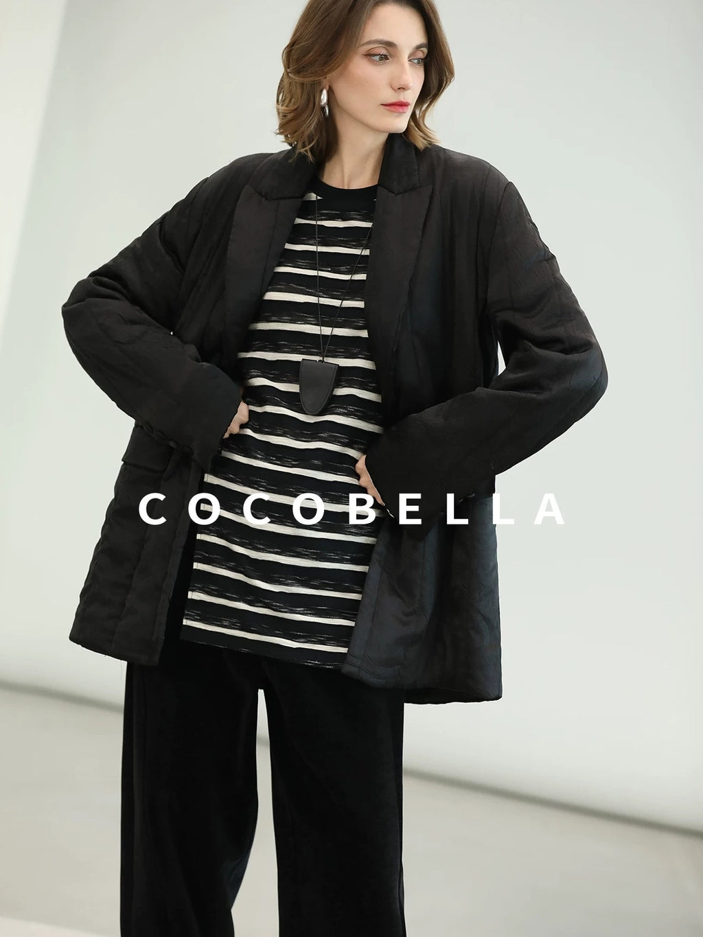 COCOBELLA Lightweight Mid Length Straight Office Commuter Women Black Padded Jackets