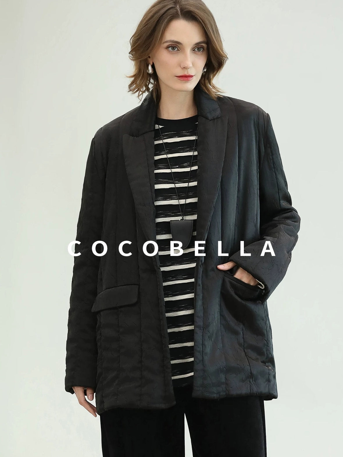 COCOBELLA Lightweight Mid Length Straight Office Commuter Women Black Padded Jackets