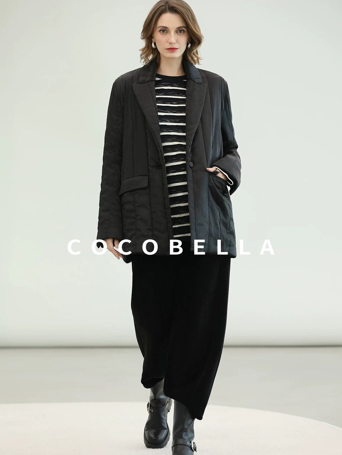 COCOBELLA Lightweight Mid Length Straight Office Commuter Women Black Padded Jackets