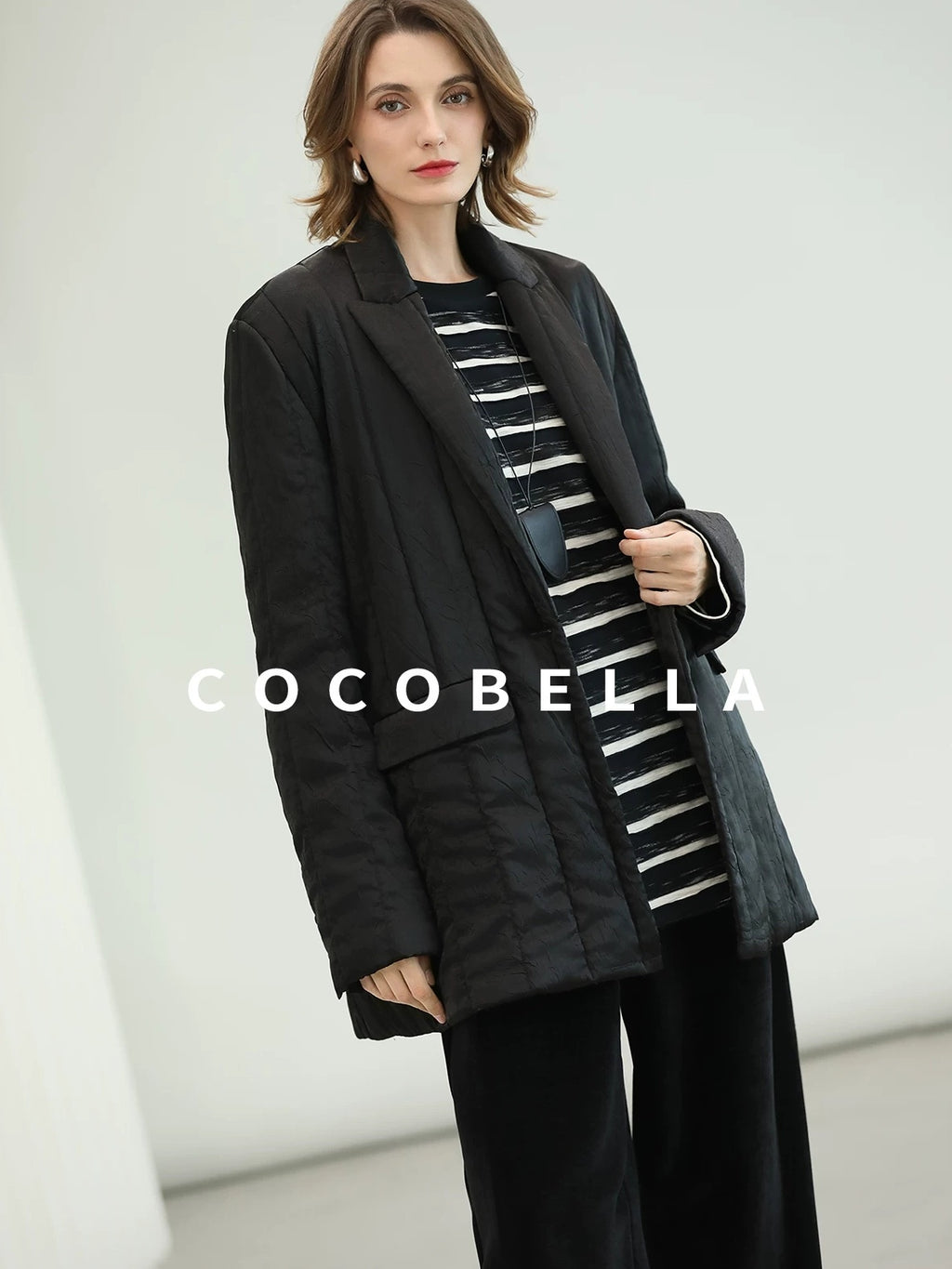 COCOBELLA Lightweight Mid Length Straight Office Commuter Women Black Padded Jackets