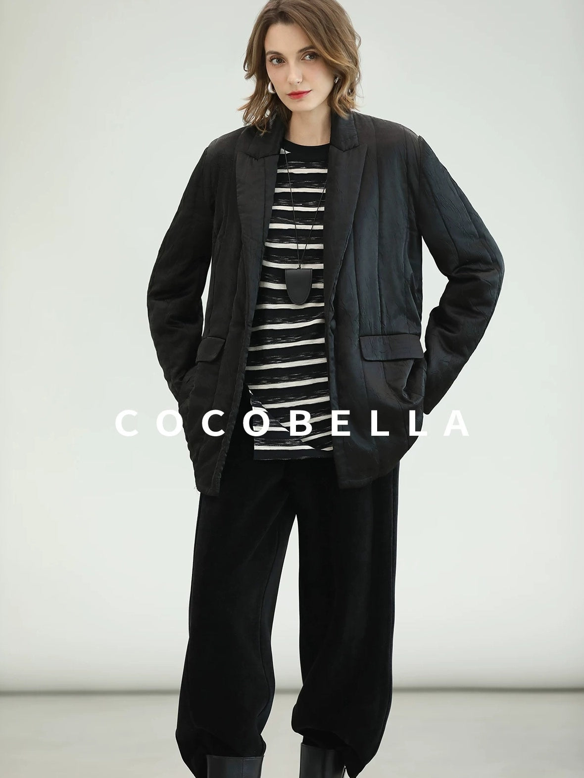 COCOBELLA Lightweight Mid Length Straight Office Commuter Women Black Padded Jackets