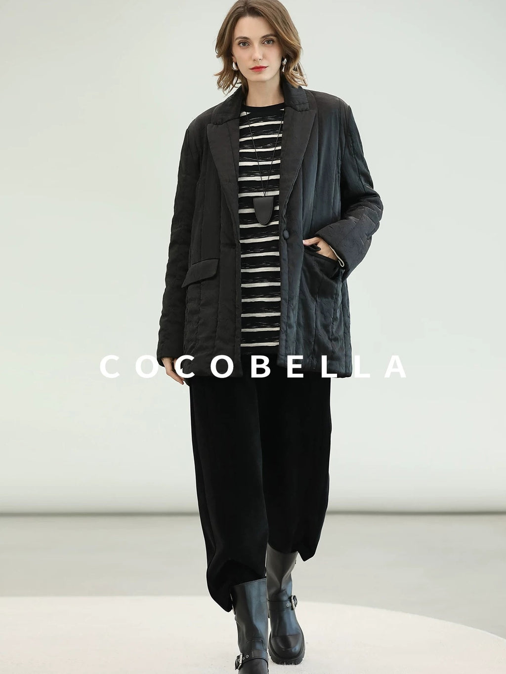 COCOBELLA Lightweight Mid Length Straight Office Commuter Women Black Padded Jackets