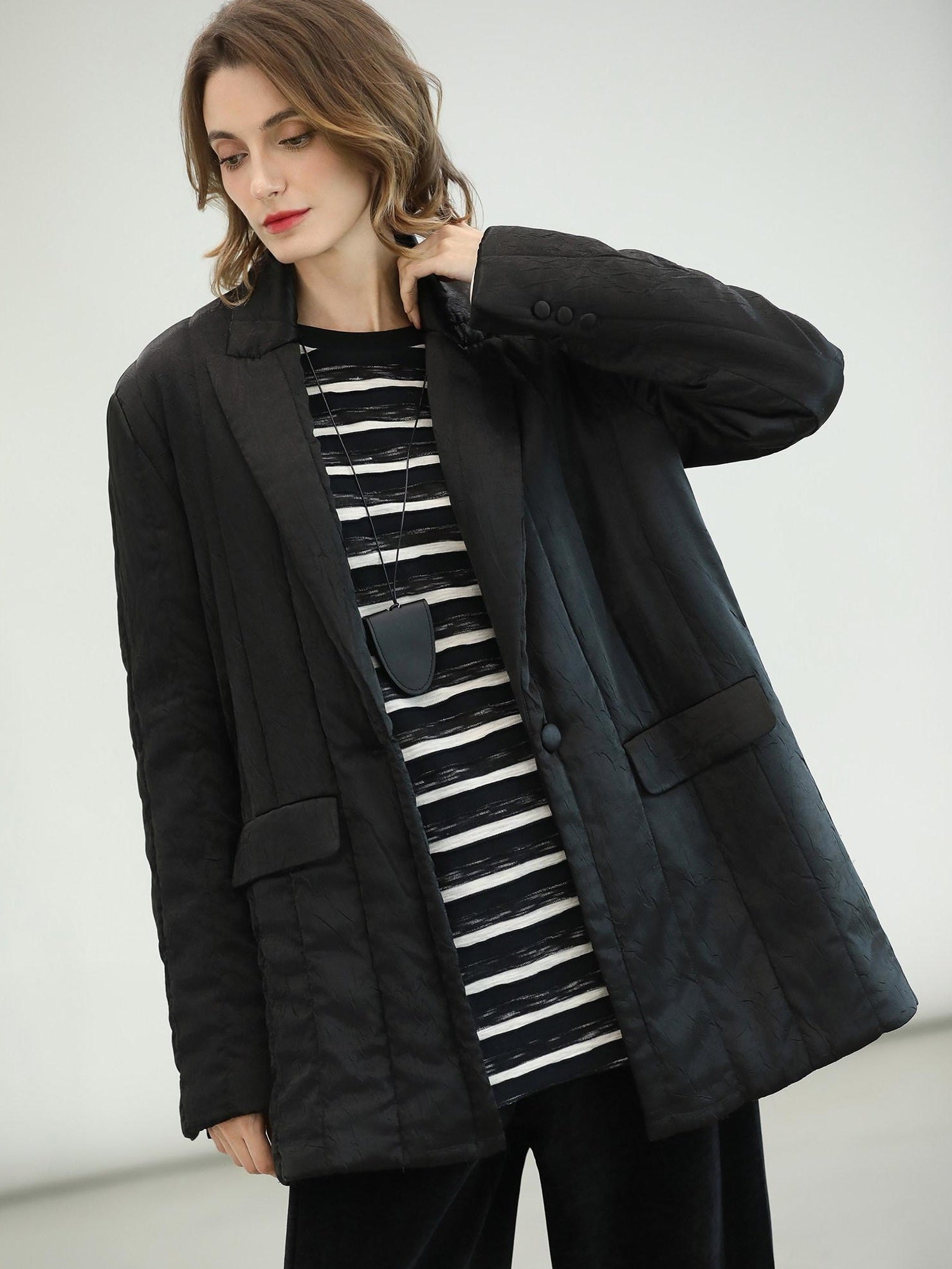 COCOBELLA Lightweight Mid Length Straight Office Commuter Women Black Padded Jackets