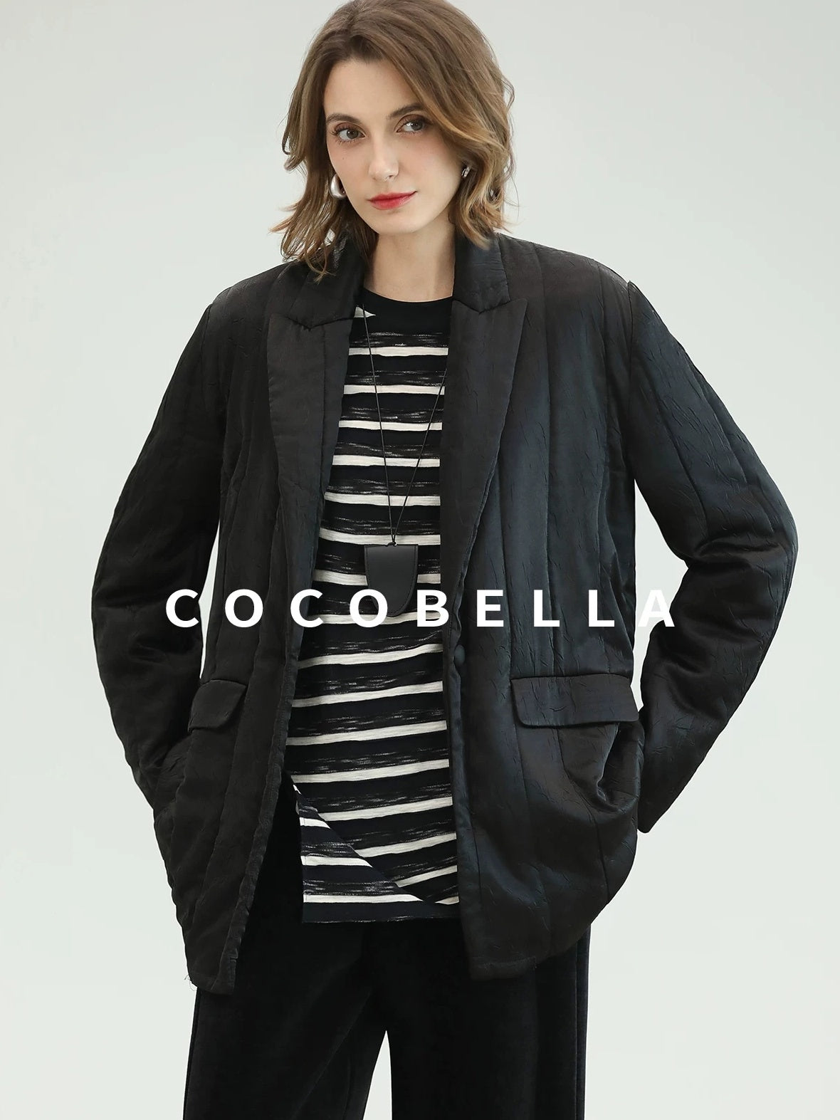 COCOBELLA Lightweight Mid Length Straight Office Commuter Women Black Padded Jackets