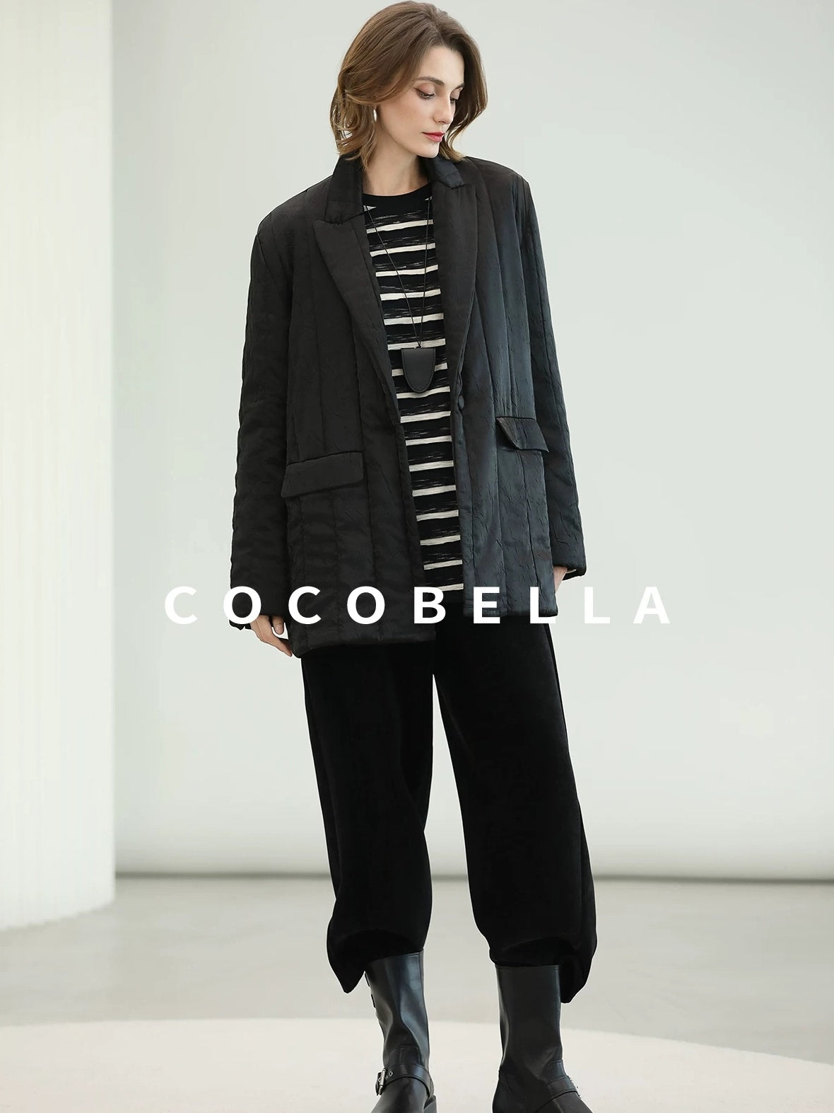 COCOBELLA Lightweight Mid Length Straight Office Commuter Women Black Padded Jackets