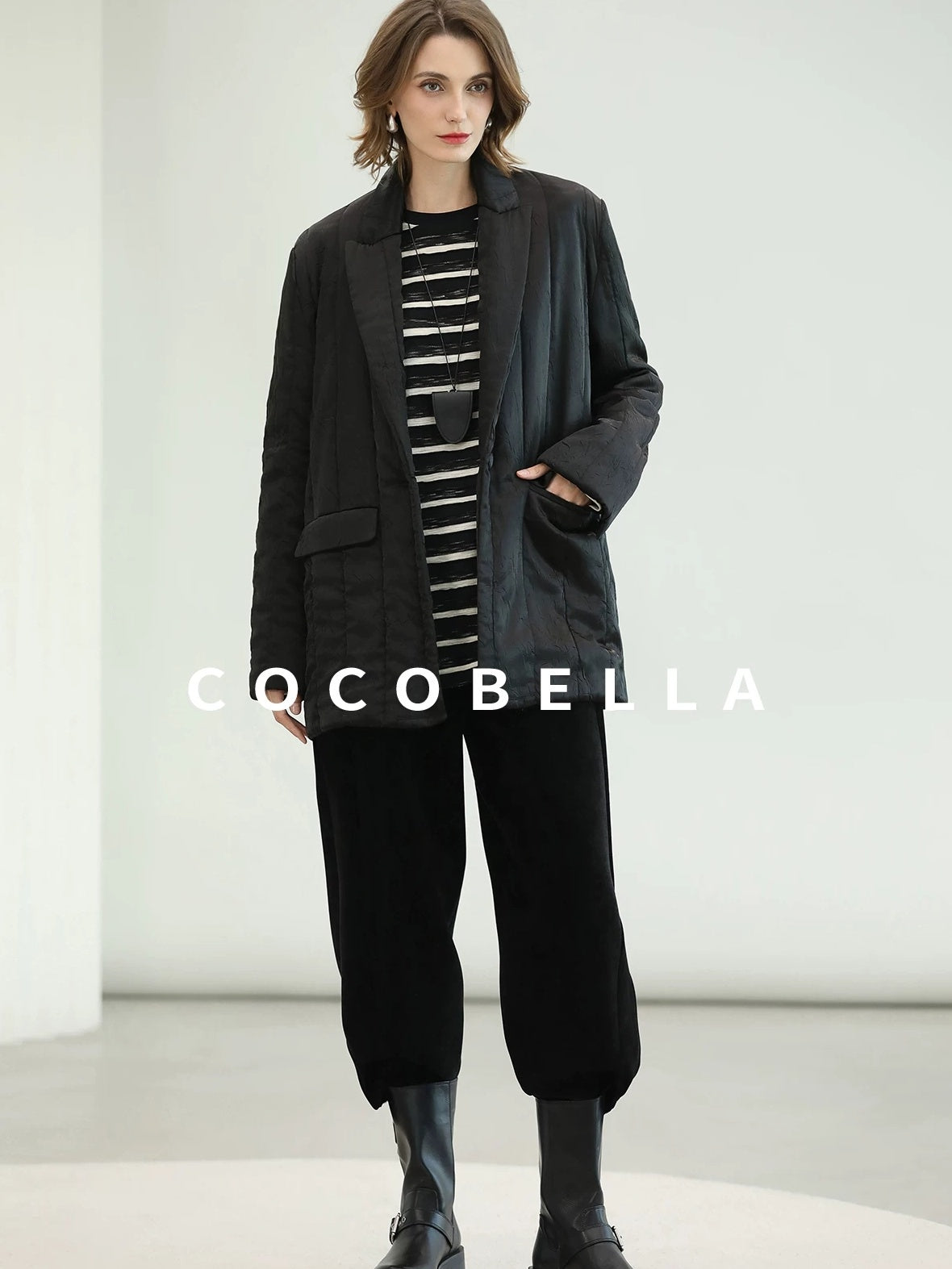 COCOBELLA Lightweight Mid Length Straight Office Commuter Women Black Padded Jackets