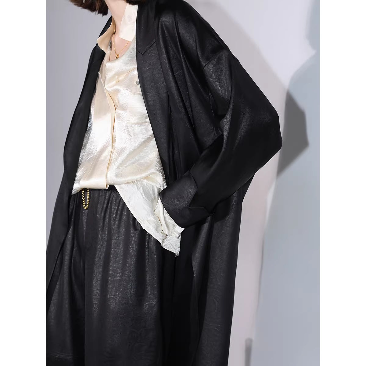 COCOBELLA_Longline_Buttoned_Loose_Fit_Office_Workwear_Tonal_Jacquard_Black_Blazers_MISSTT