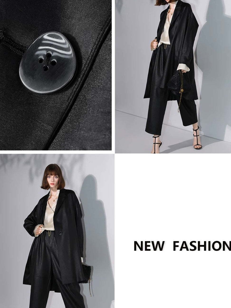 COCOBELLA Longline Buttoned Loose Fit Office Workwear Tonal Jacquard Black Blazers