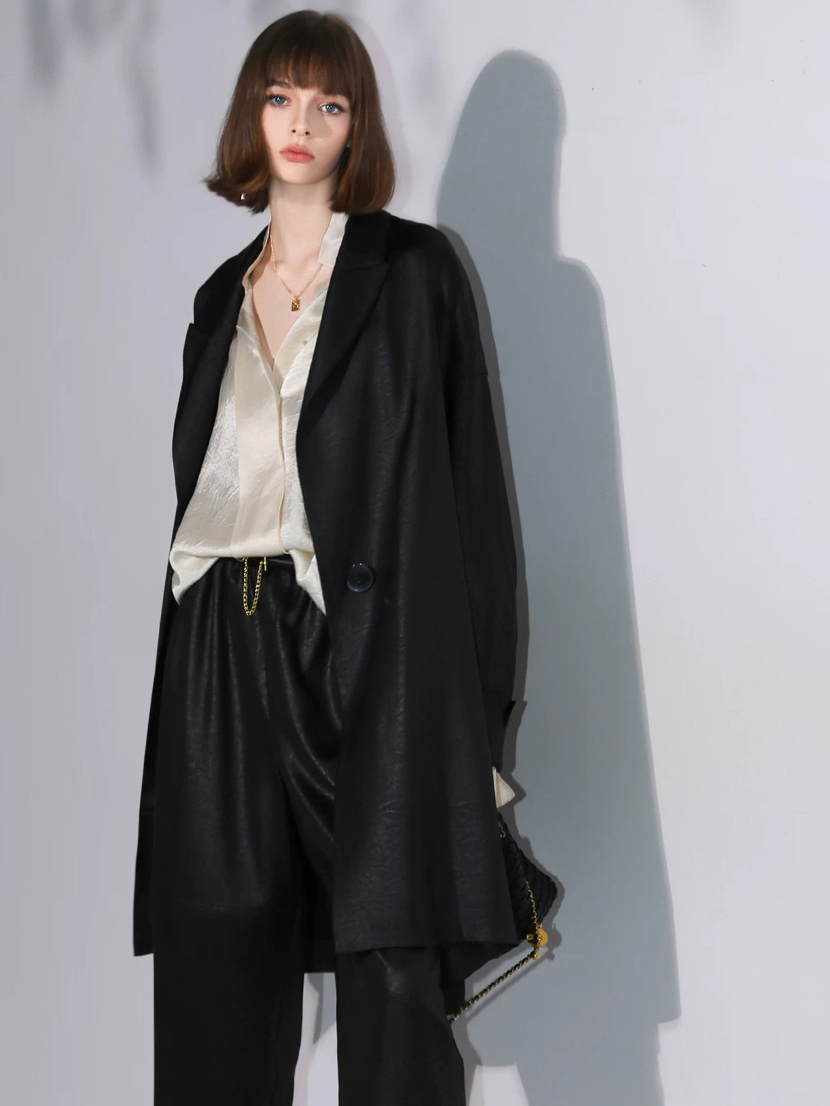 COCOBELLA Longline Buttoned Loose Fit Office Workwear Tonal Jacquard Black Blazers