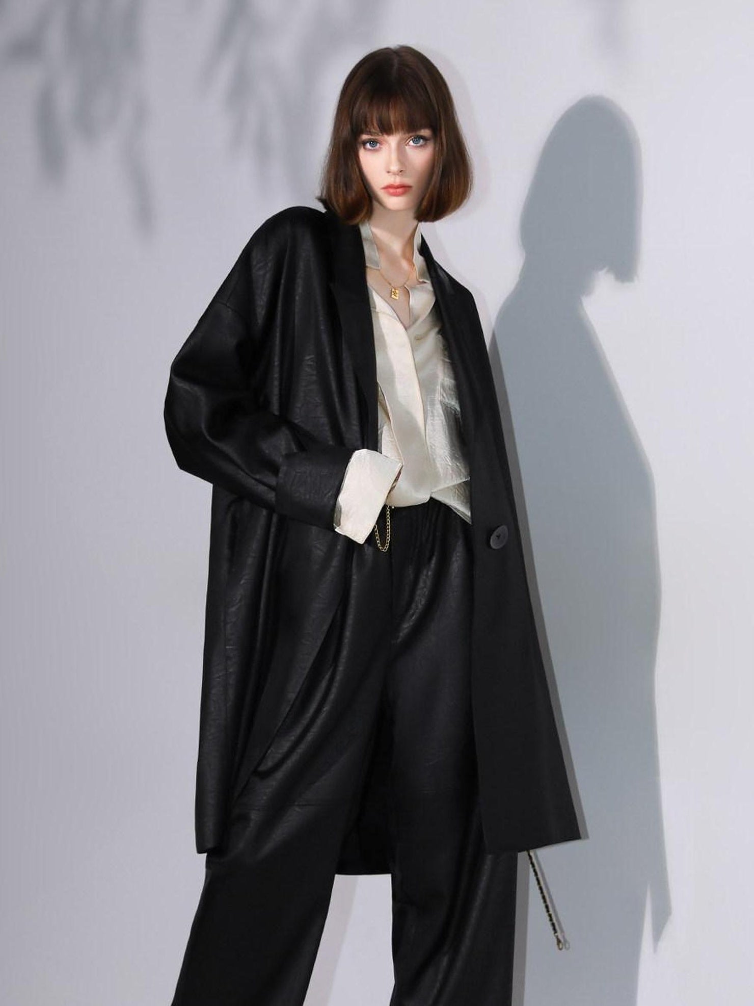 COCOBELLA Longline Buttoned Loose Fit Office Workwear Tonal Jacquard Black Blazers