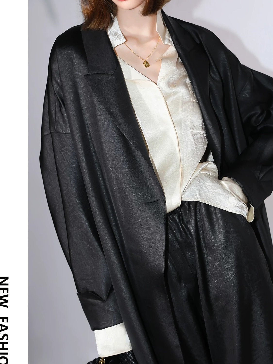 COCOBELLA Longline Buttoned Loose Fit Office Workwear Tonal Jacquard Black Blazers