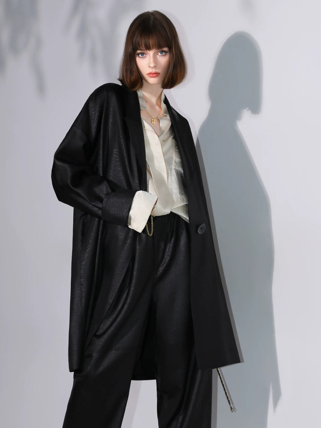 COCOBELLA Longline Buttoned Loose Fit Office Workwear Tonal Jacquard Black Blazers