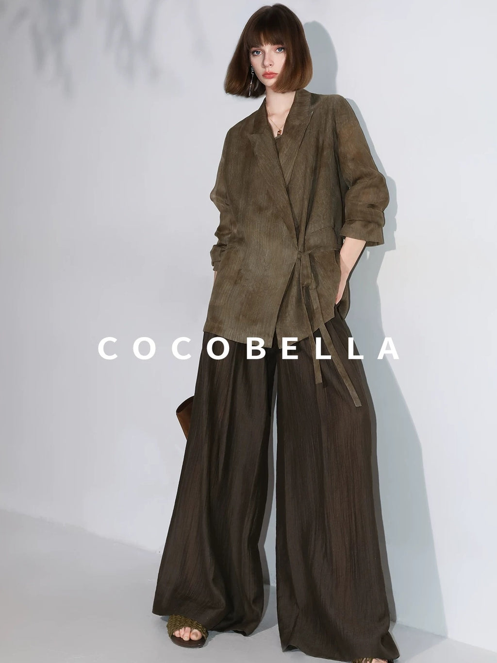 COCOBELLA Longline Tie Waist Straight Cut Mid Length Office Casual Women Polyester Blazers