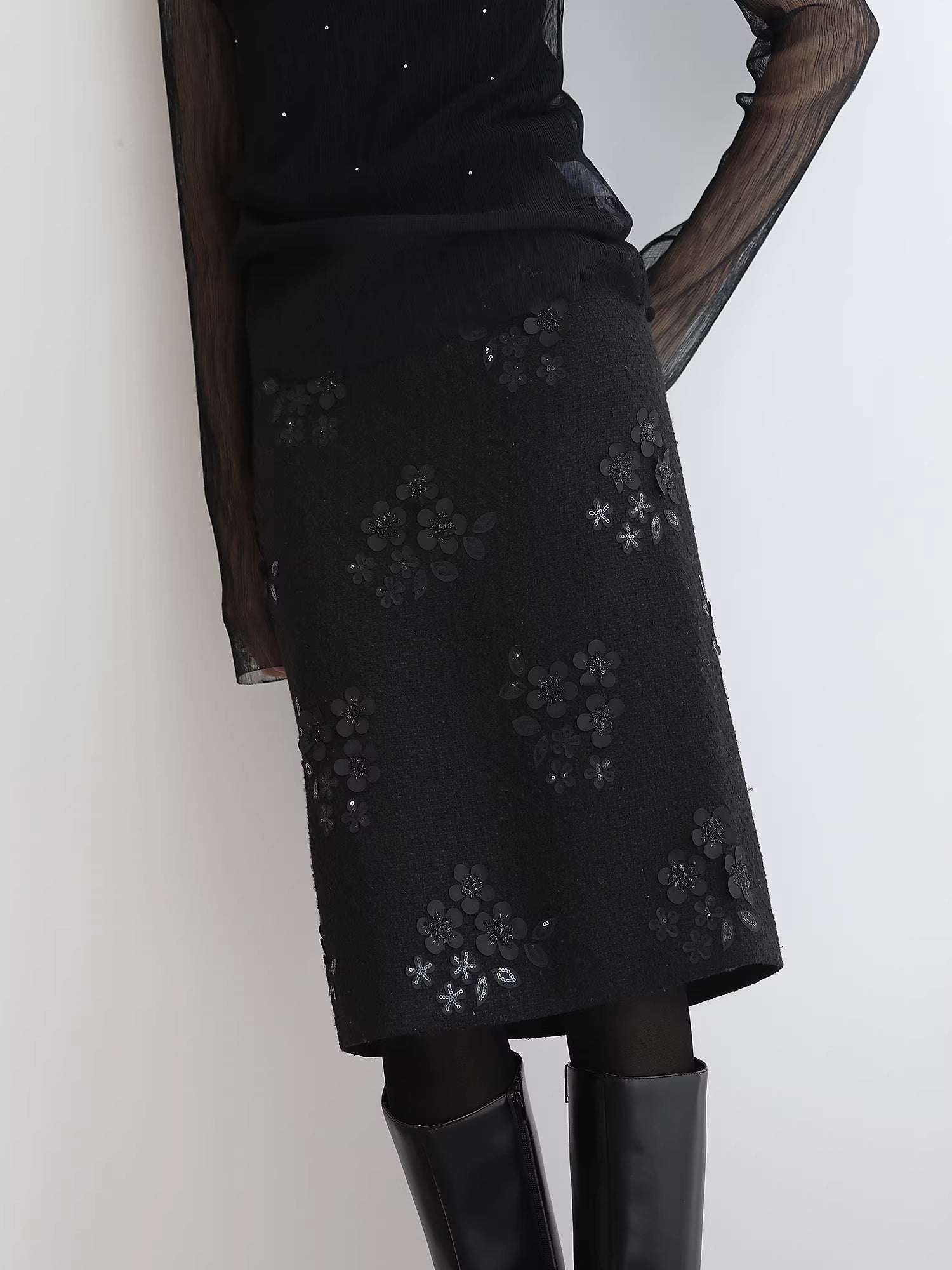 COCOBELLA_Luxe_3D_Sequin_Embroidered_Mid_Rise_H_Line_Office_Pencil_Black_Skirts_MISSTT