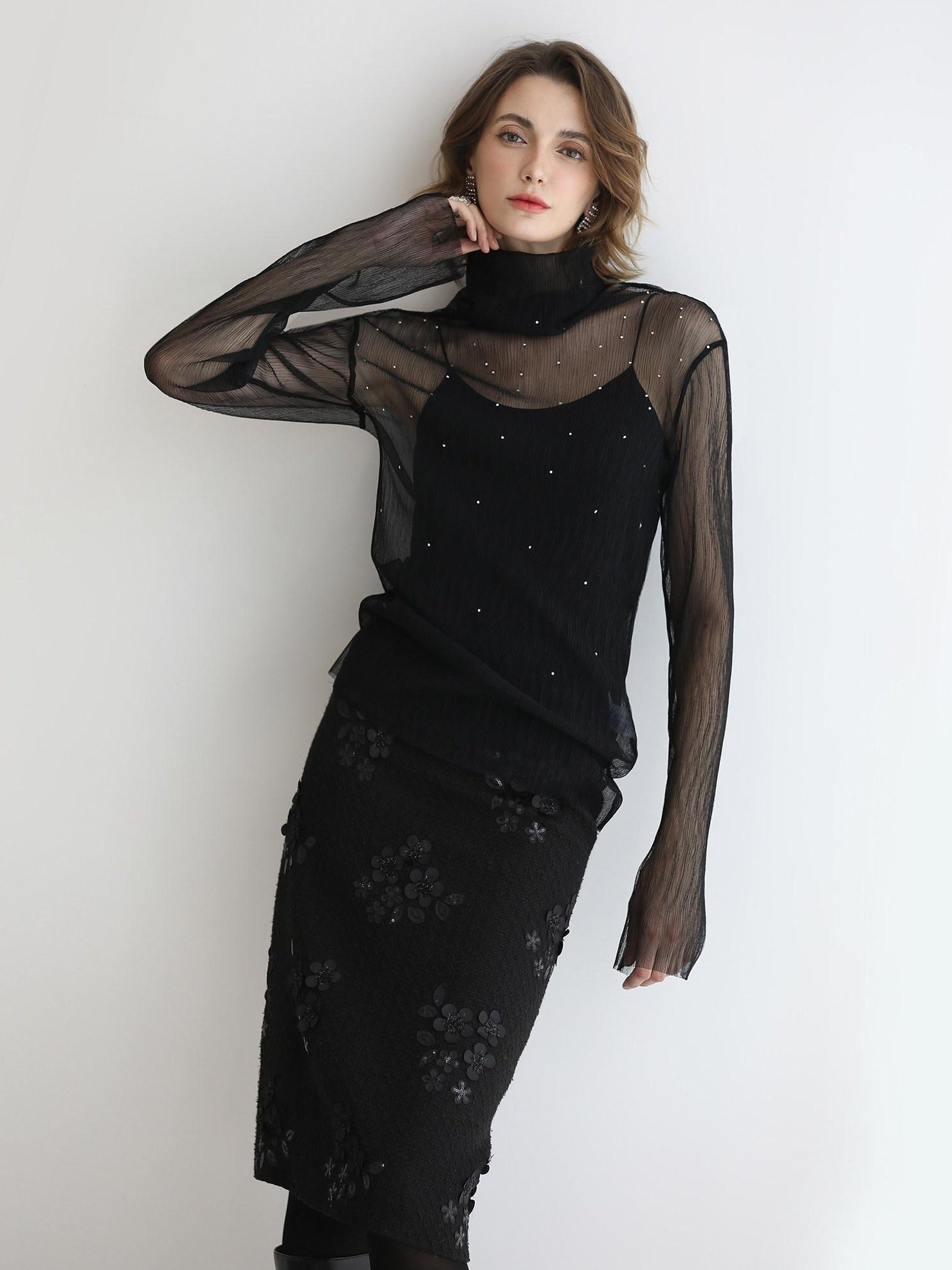 COCOBELLA Luxe 3D Sequin Embroidered Mid Rise H Line Office Pencil Black Skirts