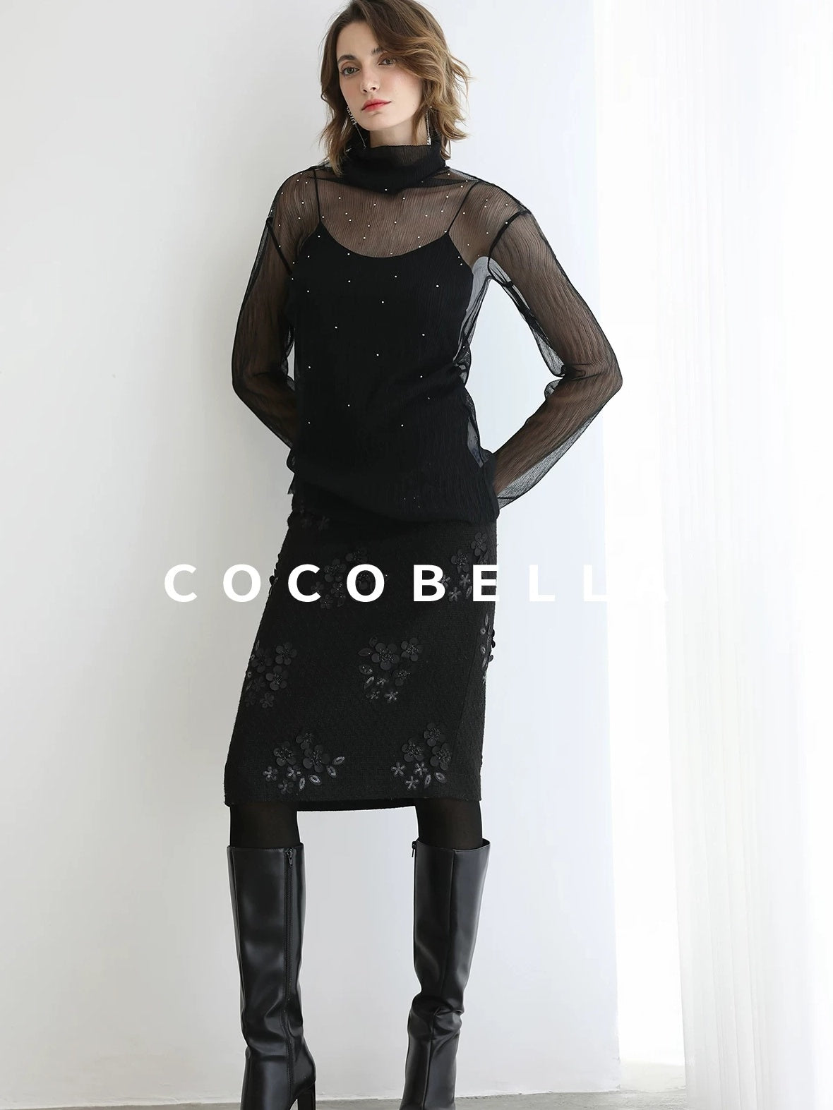 COCOBELLA Luxe 3D Sequin Embroidered Mid Rise H Line Office Pencil Black Skirts