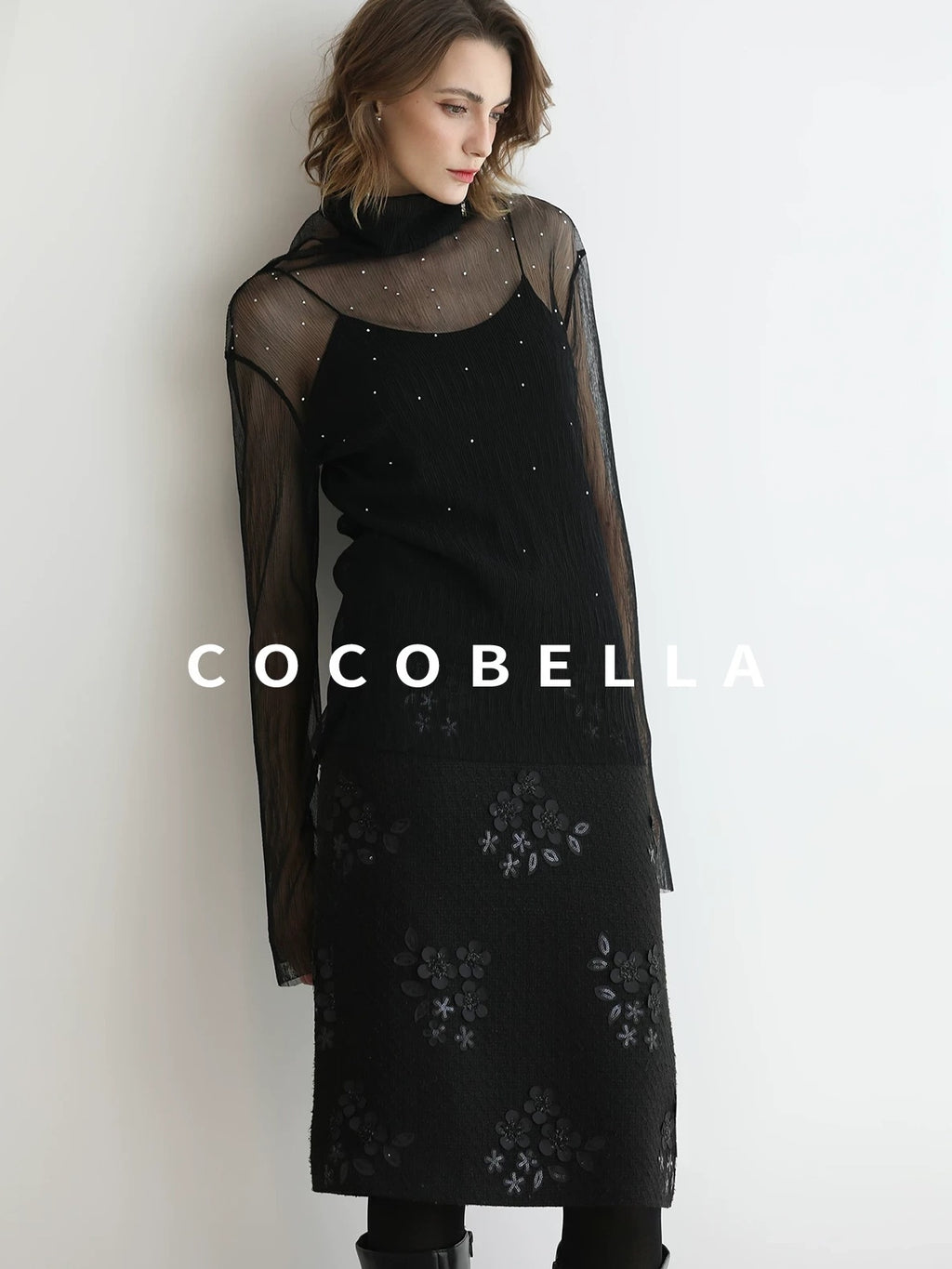 COCOBELLA Luxe 3D Sequin Embroidered Mid Rise H Line Office Pencil Black Skirts