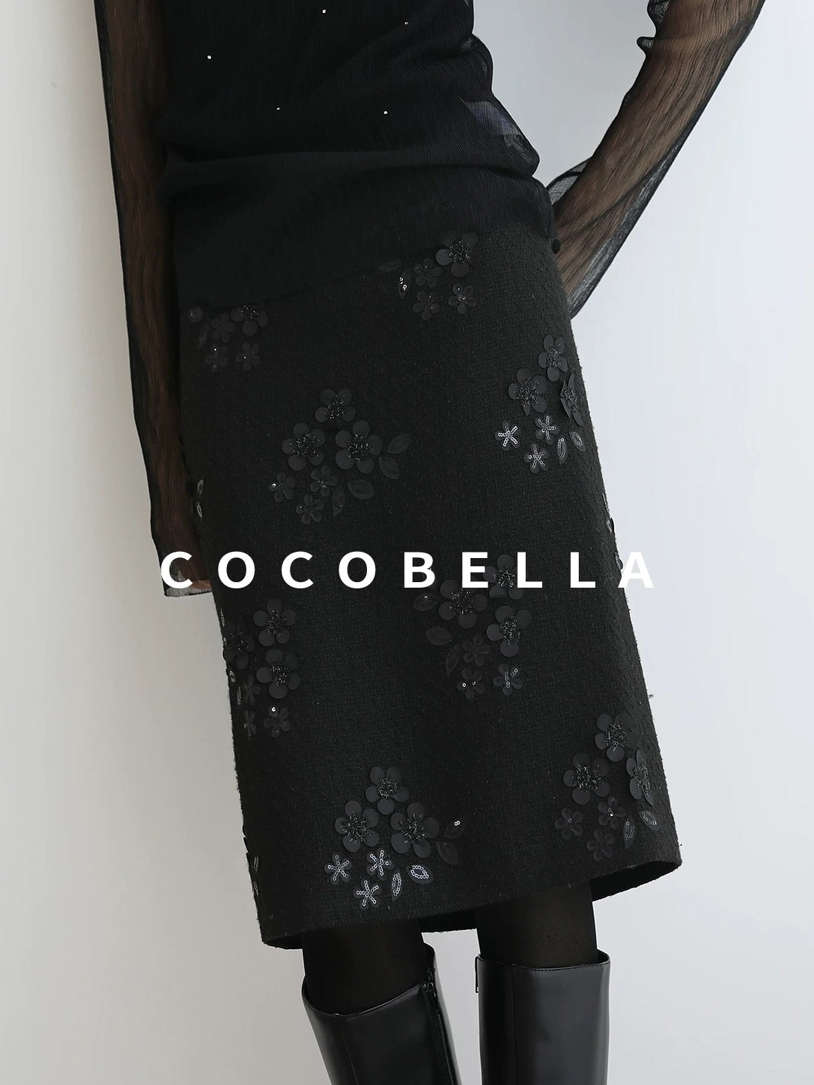 COCOBELLA Luxe 3D Sequin Embroidered Mid Rise H Line Office Pencil Black Skirts