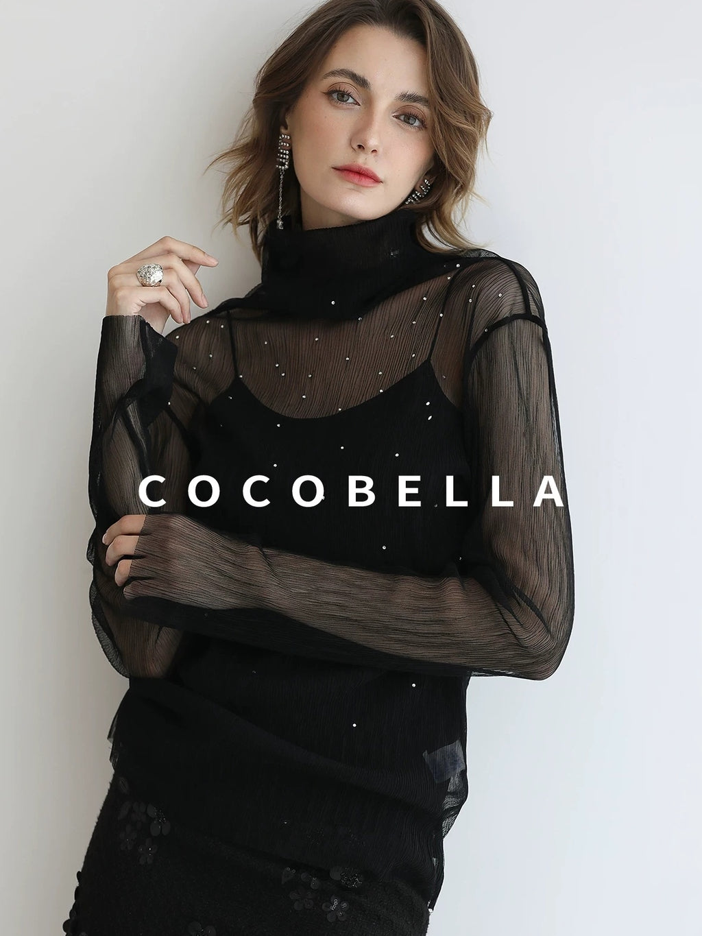 COCOBELLA Luxe 3D Sequin Embroidered Mid Rise H Line Office Pencil Black Skirts