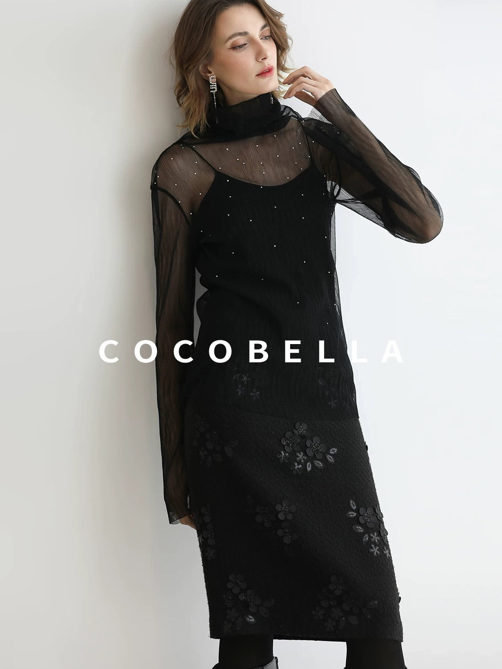 COCOBELLA Luxe 3D Sequin Embroidered Mid Rise H Line Office Pencil Black Skirts