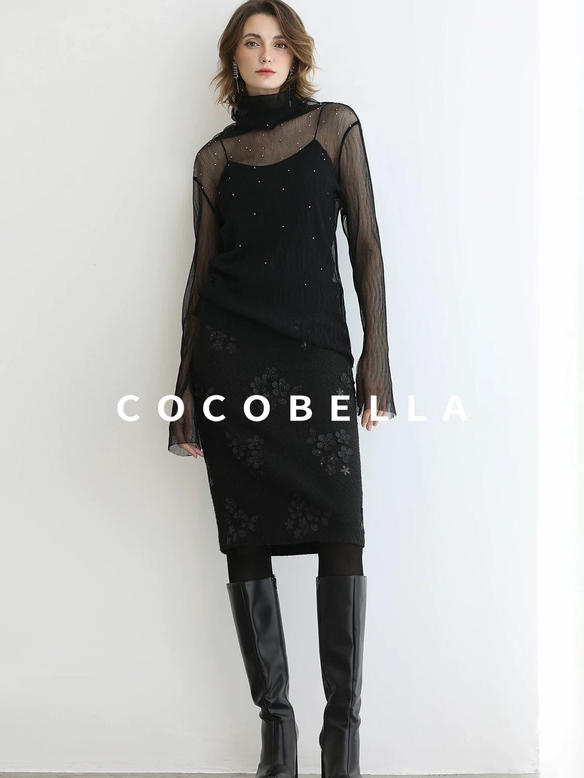 COCOBELLA Luxe 3D Sequin Embroidered Mid Rise H Line Office Pencil Black Skirts