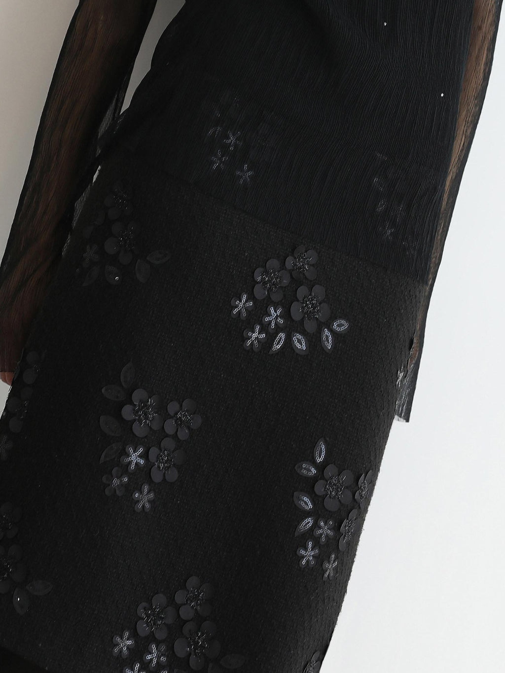 COCOBELLA Luxe 3D Sequin Embroidered Mid Rise H Line Office Pencil Black Skirts