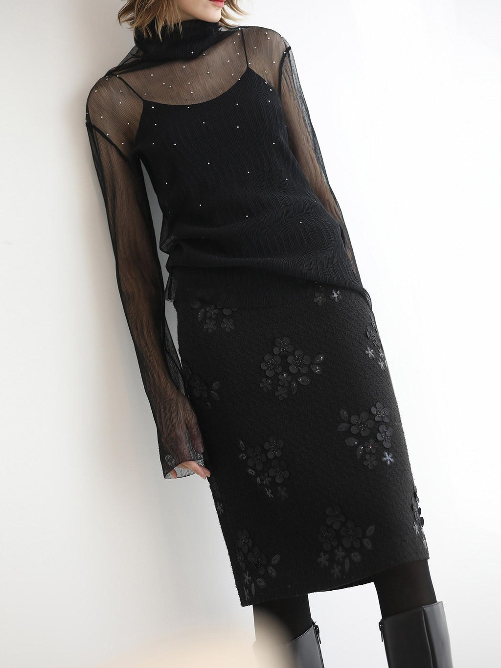 COCOBELLA Luxe 3D Sequin Embroidered Mid Rise H Line Office Pencil Black Skirts