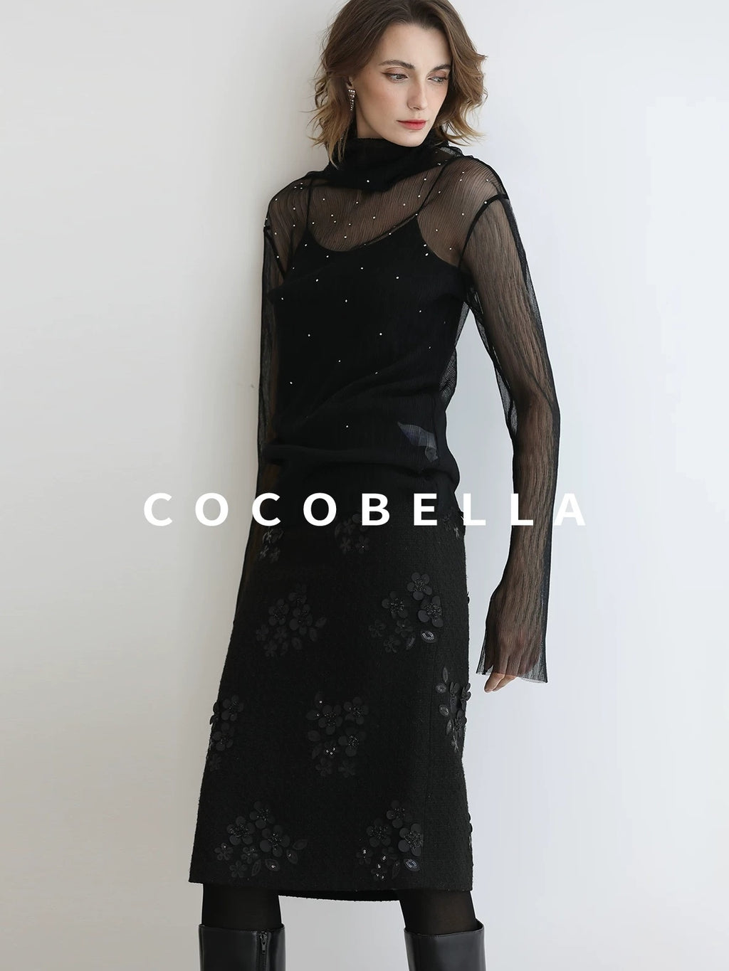 COCOBELLA Luxe 3D Sequin Embroidered Mid Rise H Line Office Pencil Black Skirts