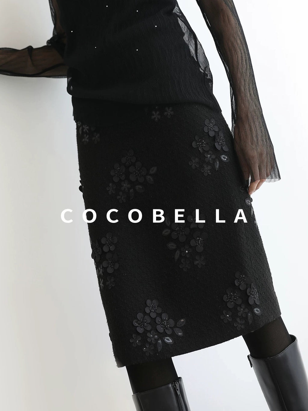 COCOBELLA Luxe 3D Sequin Embroidered Mid Rise H Line Office Pencil Black Skirts