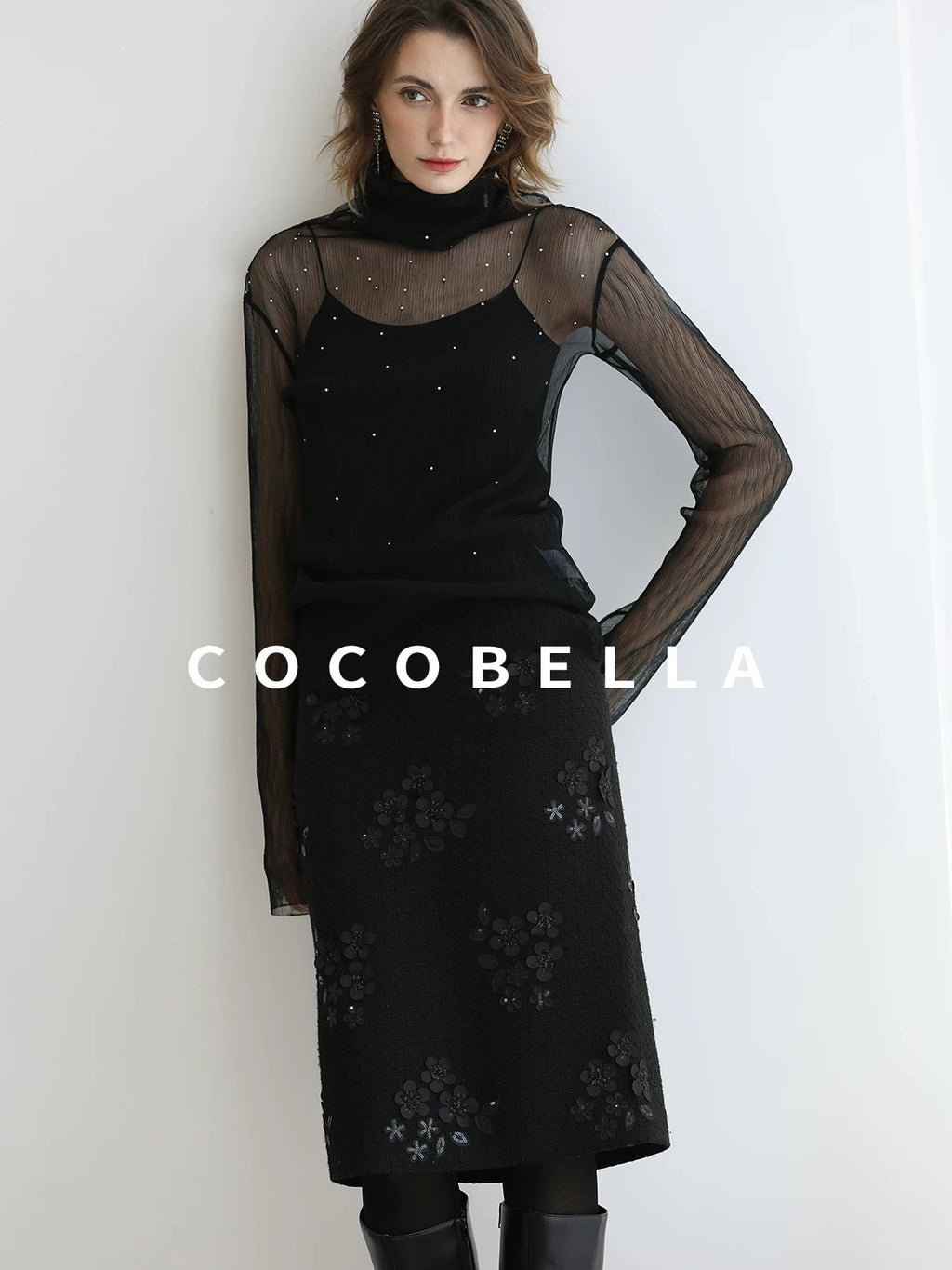 COCOBELLA Luxe 3D Sequin Embroidered Mid Rise H Line Office Pencil Black Skirts