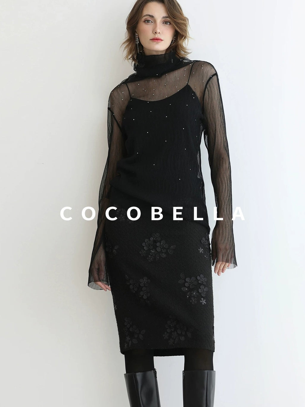 COCOBELLA Luxe 3D Sequin Embroidered Mid Rise H Line Office Pencil Black Skirts