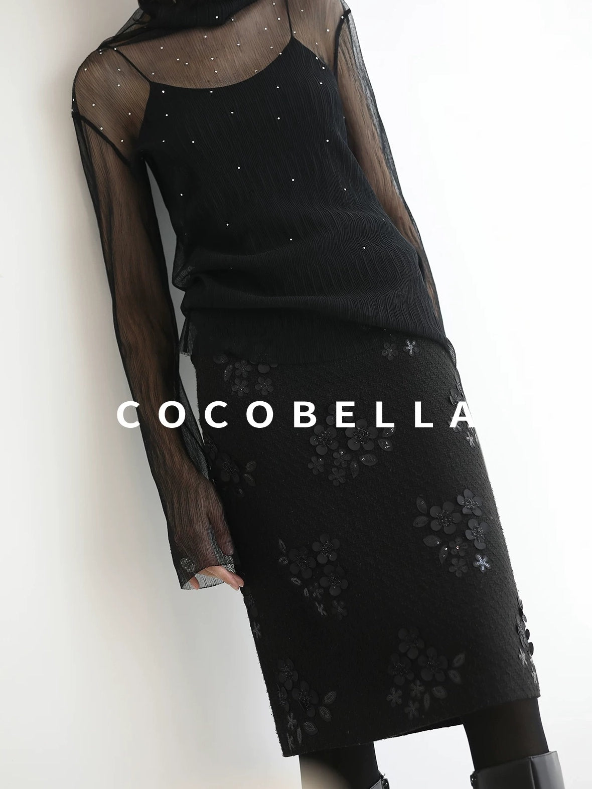 COCOBELLA Luxe 3D Sequin Embroidered Mid Rise H Line Office Pencil Black Skirts