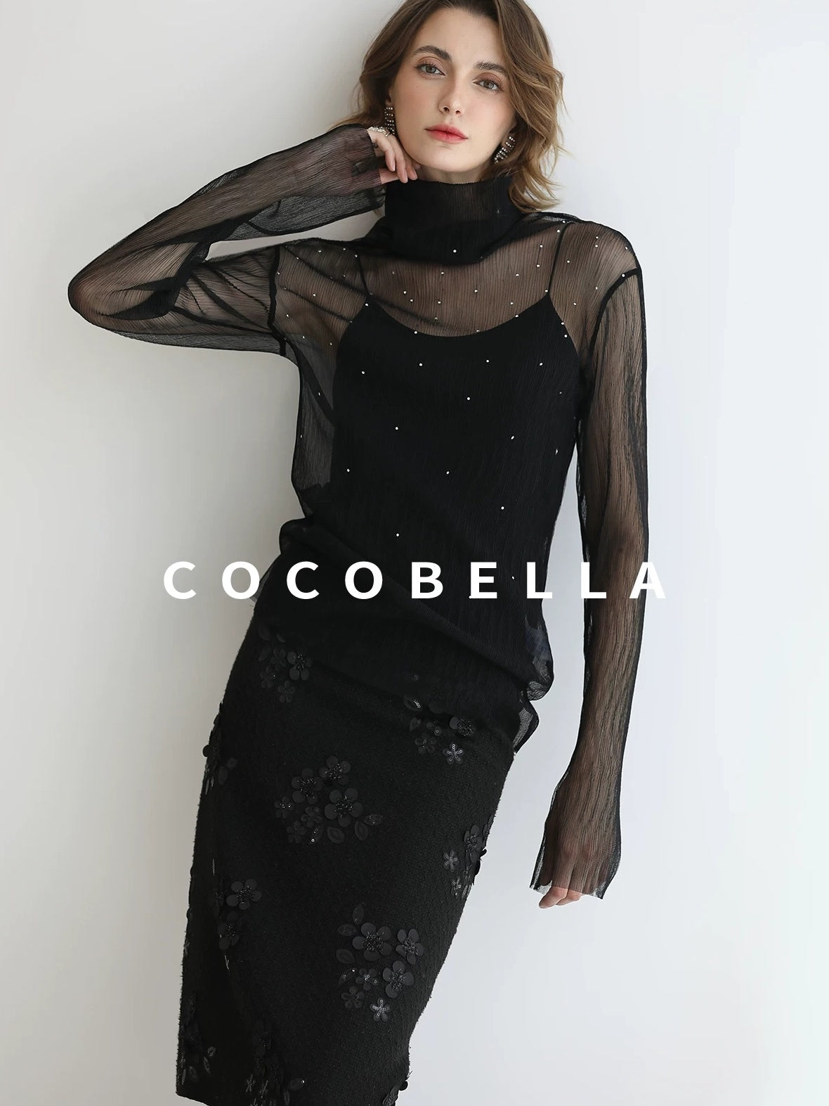 COCOBELLA Luxe 3D Sequin Embroidered Mid Rise H Line Office Pencil Black Skirts