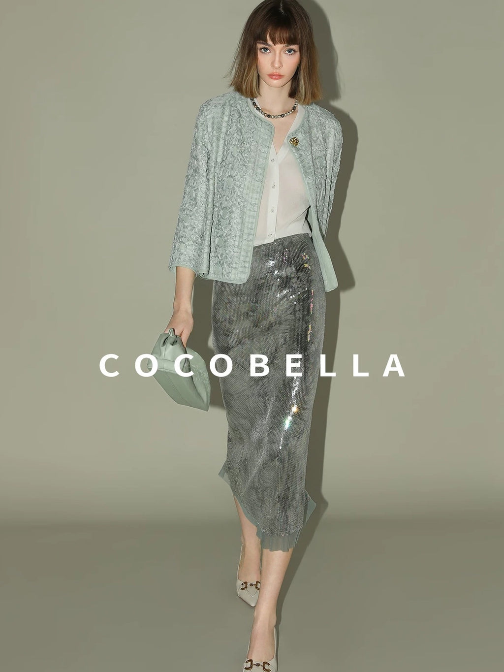 COCOBELLA Luxe Shimmer Mesh Floral Sequin Mid Rise Straight Midi Women Rayon Skirts