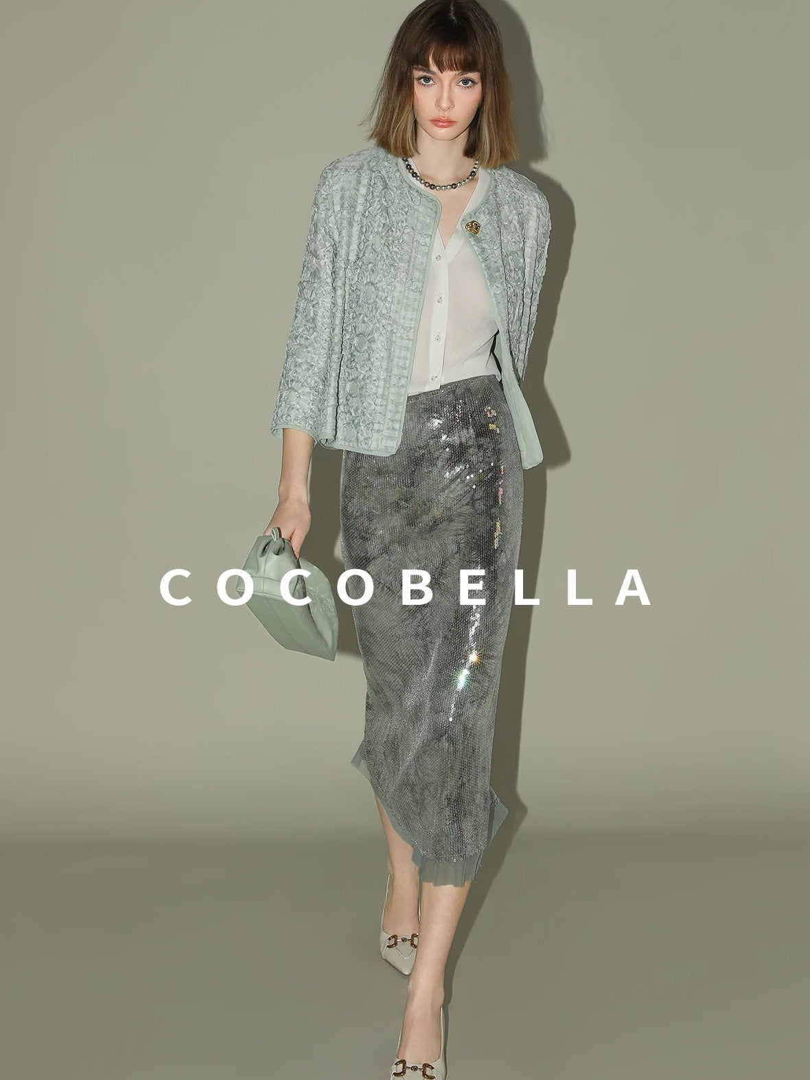 COCOBELLA Luxe Shimmer Mesh Floral Sequin Mid Rise Straight Midi Women Rayon Skirts