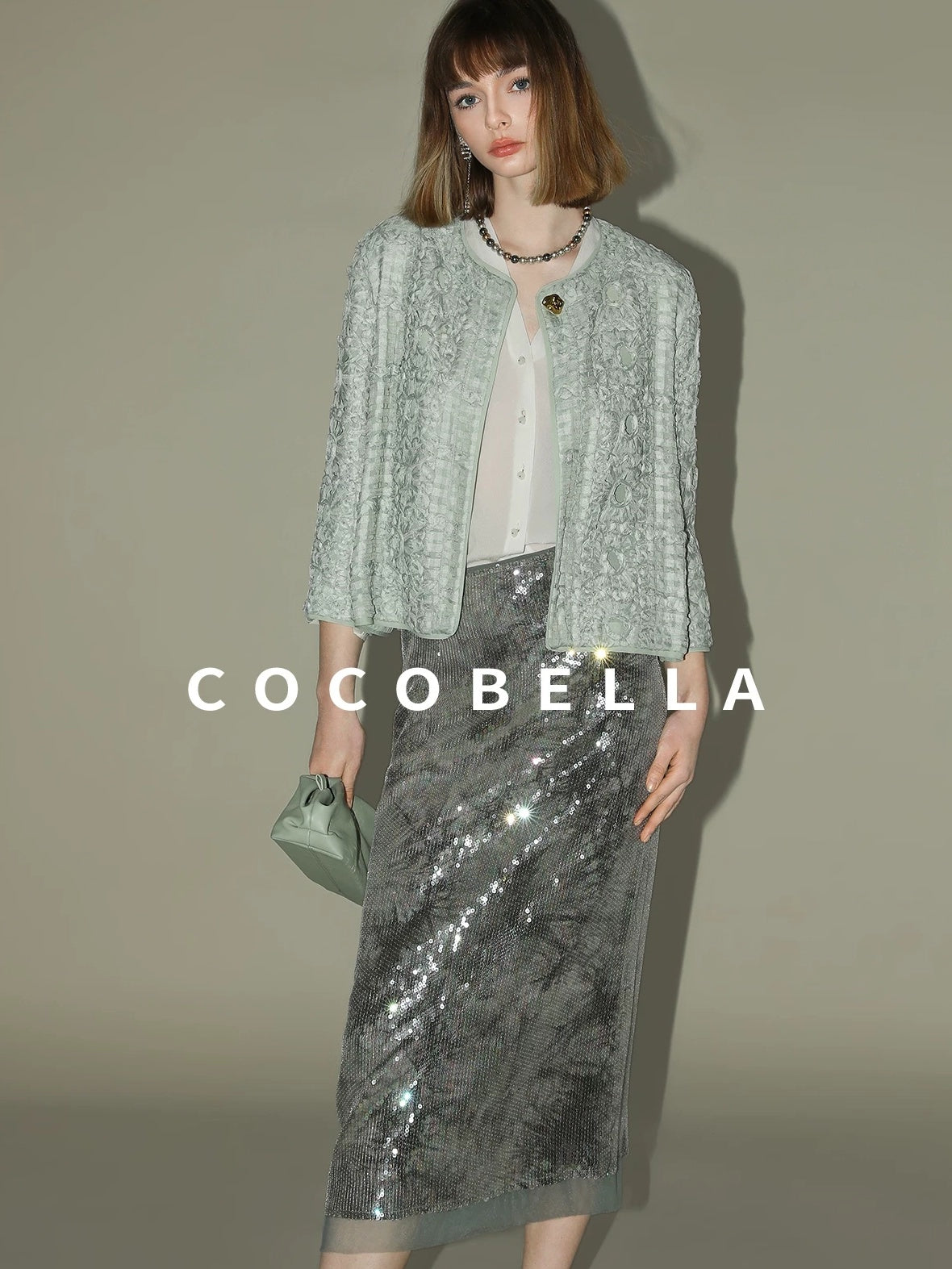 COCOBELLA Luxe Shimmer Mesh Floral Sequin Mid Rise Straight Midi Women Rayon Skirts