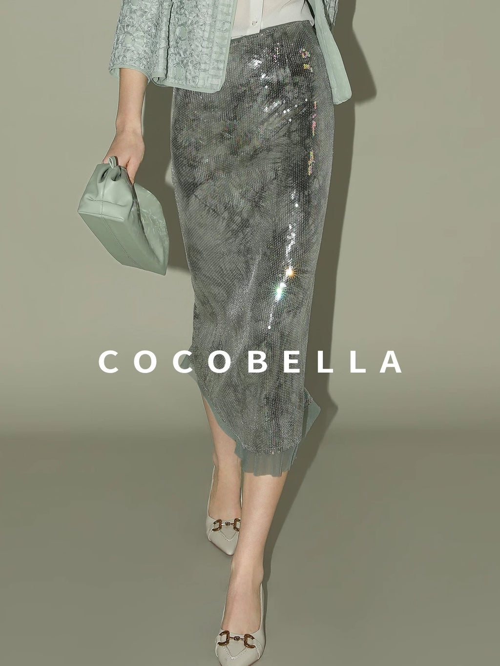 COCOBELLA Luxe Shimmer Mesh Floral Sequin Mid Rise Straight Midi Women Rayon Skirts