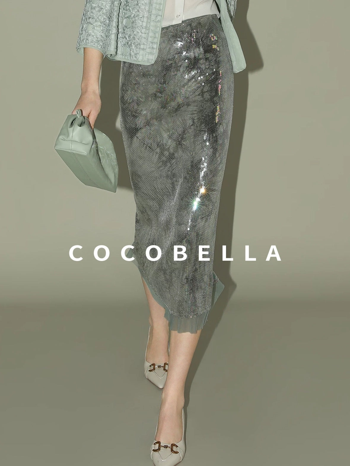 COCOBELLA Luxe Shimmer Mesh Floral Sequin Mid Rise Straight Midi Women Rayon Skirts