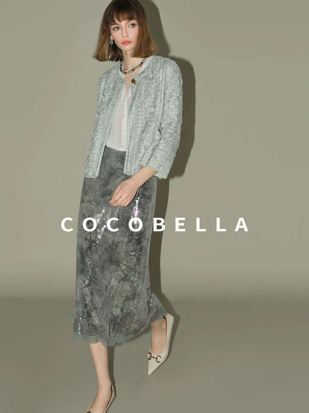 COCOBELLA Luxe Shimmer Mesh Floral Sequin Mid Rise Straight Midi Women Rayon Skirts