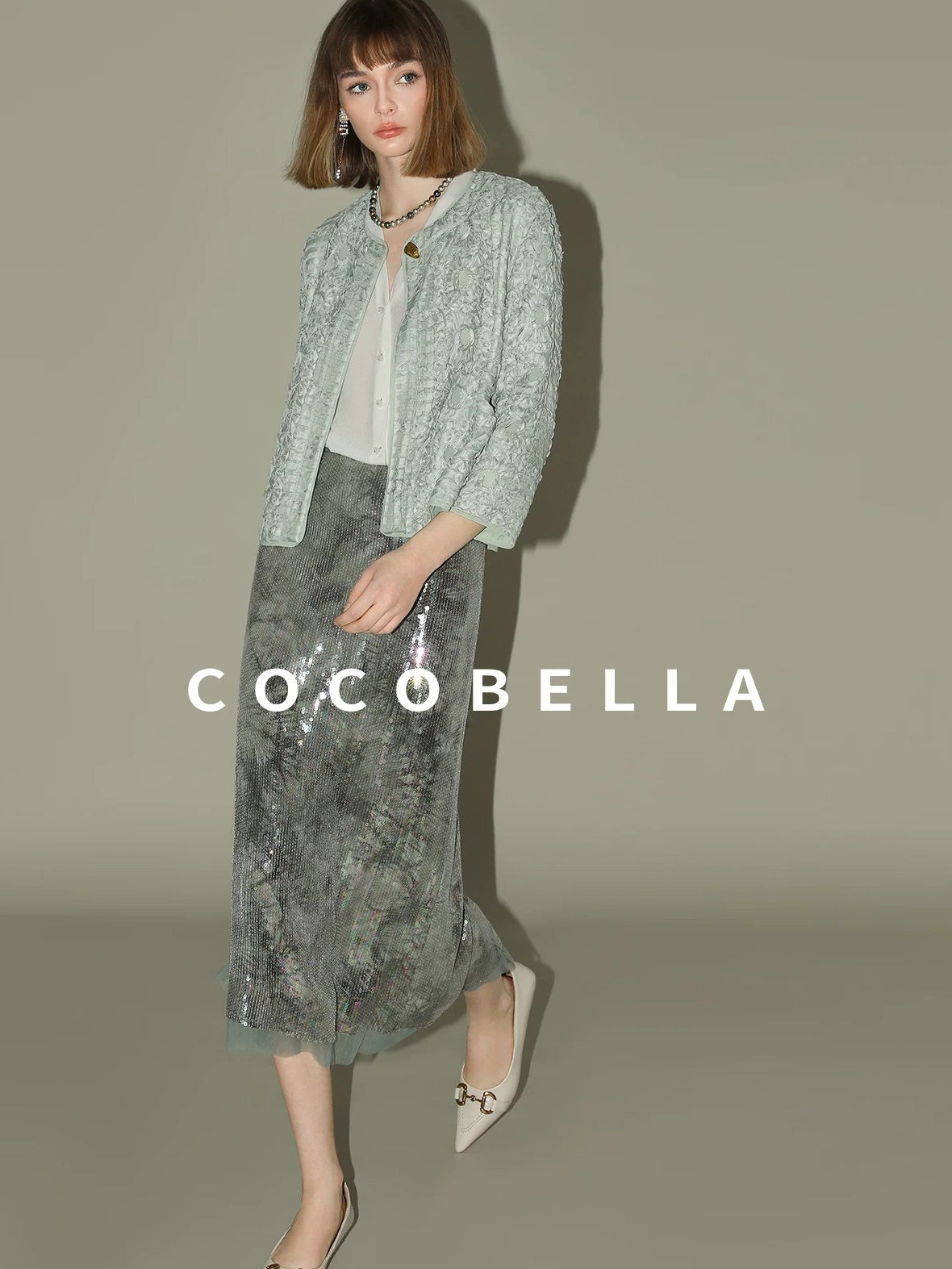 COCOBELLA Luxe Shimmer Mesh Floral Sequin Mid Rise Straight Midi Women Rayon Skirts