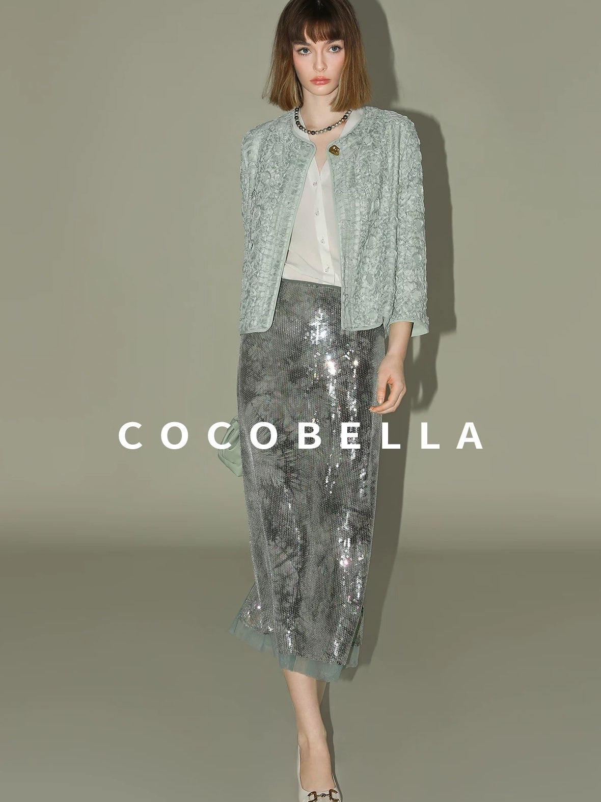 COCOBELLA Luxe Shimmer Mesh Floral Sequin Mid Rise Straight Midi Women Rayon Skirts