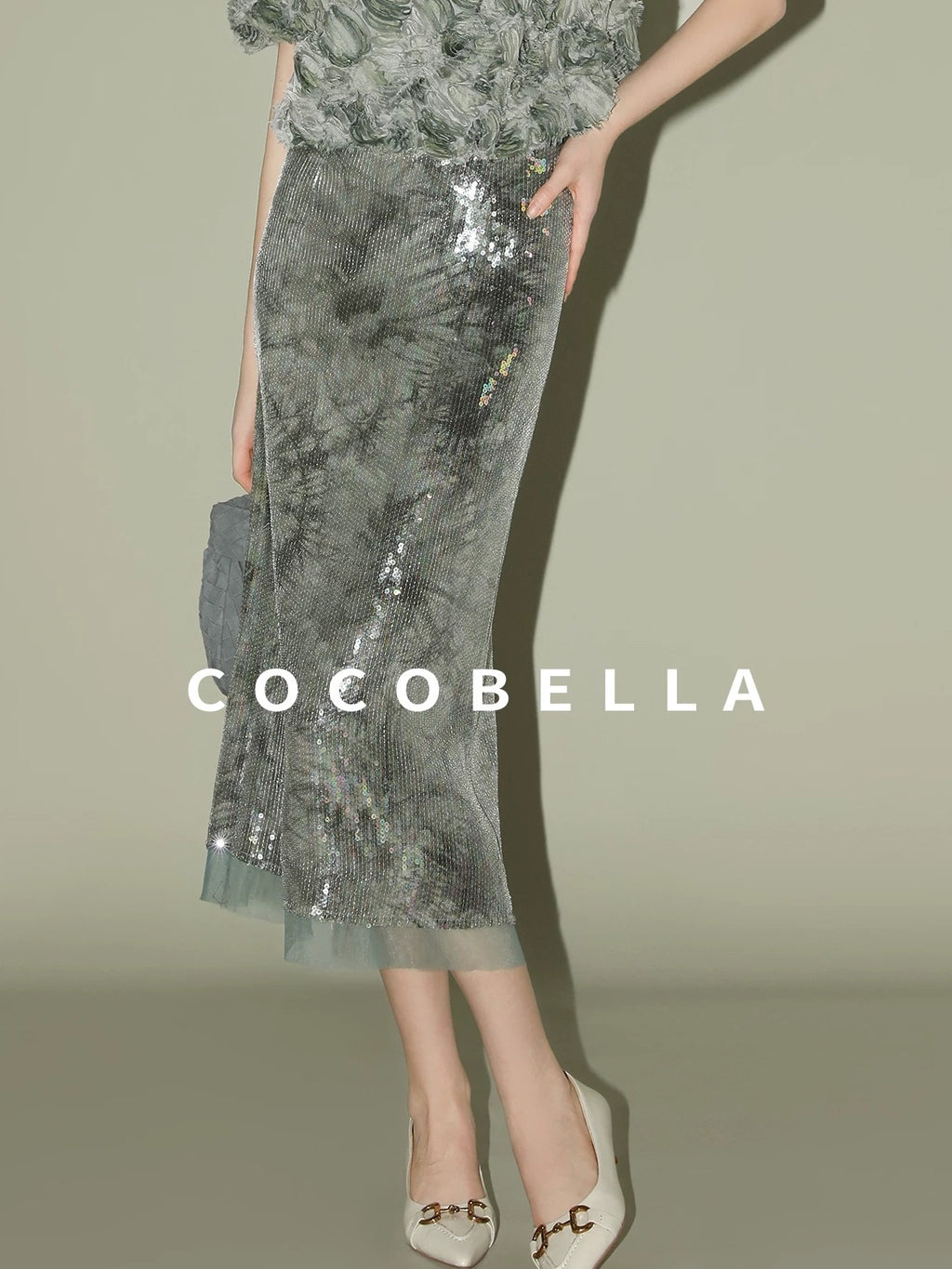 COCOBELLA Luxe Shimmer Mesh Floral Sequin Mid Rise Straight Midi Women Rayon Skirts