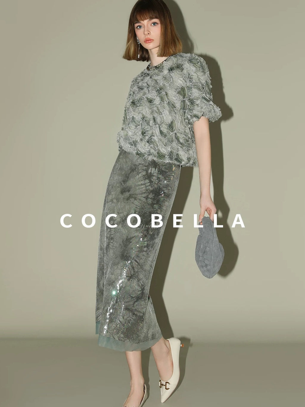 COCOBELLA Luxe Shimmer Mesh Floral Sequin Mid Rise Straight Midi Women Rayon Skirts