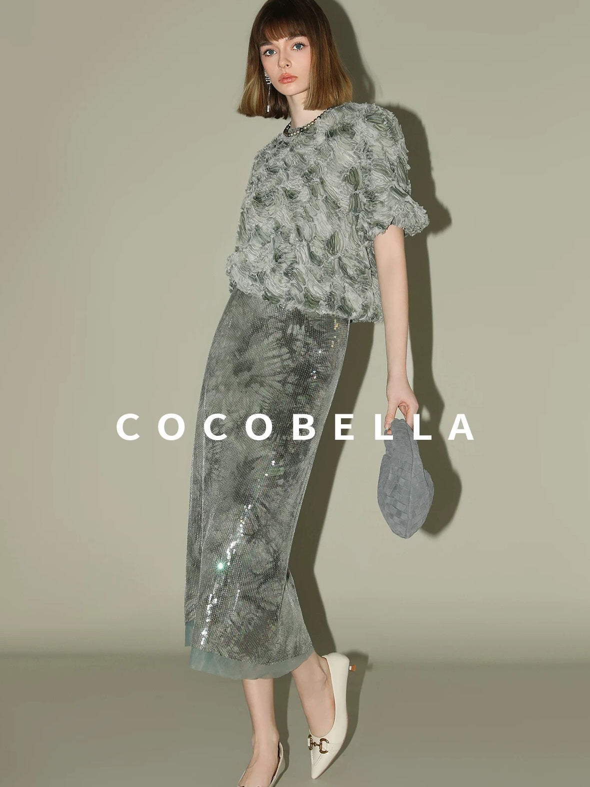 COCOBELLA Luxe Shimmer Mesh Floral Sequin Mid Rise Straight Midi Women Rayon Skirts